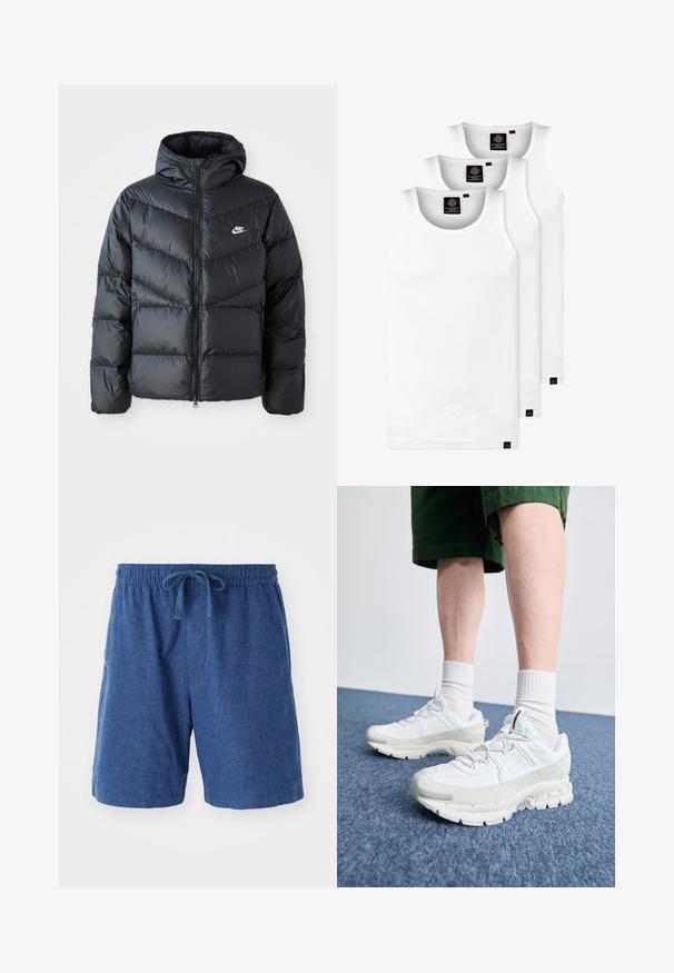 Mustapuffa takki hupulla, jossa on vetoketju edessä, viisto ompelu, sivutaskut ja Nike-logo rinnassa.; Kolme valkoista ribbitekstiilistä toppia, jotka on valmistettu puuvillasta. Ominaisuuksiin kuuluu pyöreä pääntie ja pieni musta etiketti helman lähellä. Saatavilla useissa kooissa.; Siniset kudotut shortsit, joissa on joustava vyötärö, nauhakiinnitys ja sivutaskut. Lyhyt malli, joka on sileä ja teksturoitu.; Valkoiset urheilukengät, joissa on tekstuuriset päällysteet, paksu pohja ja harmaat yksityiskohdat. Yhdistetty valkoisiin putkisukkiin ja vihreisiin shortseihin sinisellä pinnalla.