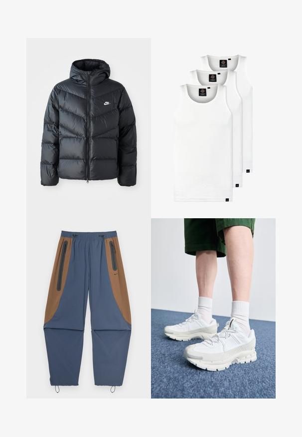 Svart puffjacka med huva, med blixtlås fram, chevronquiltat mönster, sidofickor och Nike-logotyp på bröstet.; Tre vita ribbade linnen i bomull. Har rund halsringning och små svarta etiketter vid fållen. Finns i flera storlekar.; Marina och bruna träningsbyxor med elastisk midja, dragkedjefickor på sidorna och justerbara snoddar vid fållarna. Slät textur.; Vita atletiska skor med texturerade överlägg, en tjock sula och grå accenter. Bärs med vita strumpor och gröna shorts på en blå yta.