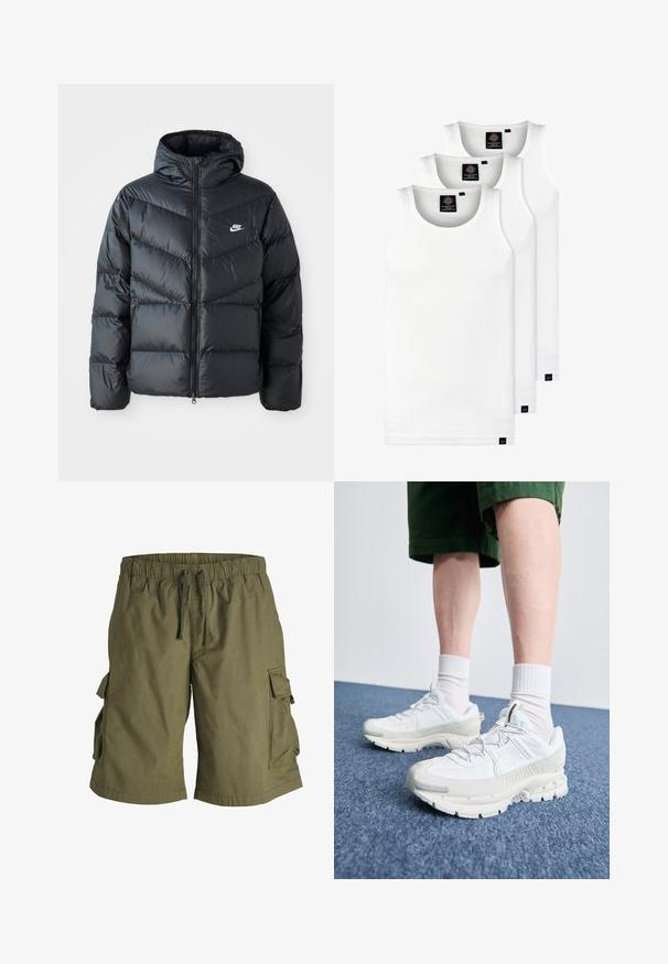 Giacca a vento nera con cappuccio, dotata di zip frontale, design a diamantini a zigzag, tasche laterali e logo Nike sul petto.; Tre canotte bianche a coste in cotone. Presentano un colletto rotondo e piccole etichette nere vicino all'orlo. Disponibile in diverse taglie.; Pantaloni cargo realizzati in tessuto verde oliva, con cintura elastica e cordoncino di regolazione, e tasche cargo laterali. Texture liscia, lunghezza fino al ginocchio.; Scarpe da ginnastica bianche con sovrapposizioni testurizzate, suola spessa e accenti grigi. Indossate con calze corte bianche e pantaloni corti verdi su una superficie blu.