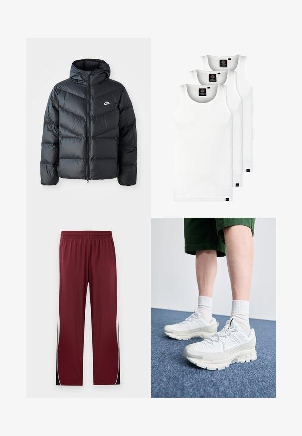 Black puffer jacket with a hood, featuring a zip front, chevron quilted design, side pockets, and Nike logo on the chest.; Three white ribbed tank tops made of cotton. Features a crew neck and small black labels near the hem. Available in multiple sizes.; Maroon athletic pants with an elastic waistband, contrasting white side stripes, and black accents. Made from a smooth, lightweight fabric.; White athletic shoes with textured overlays, a chunky sole, and gray accents. Worn with white crew socks and green shorts on a blue surface.