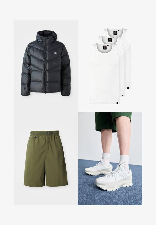 Čierna prešívaná bunda s kapucňou, disponujúca zipsovým uzáverom, dizajnom v tvare chevronu, bočnými vreckami a logom Nike na hrudi.; Tri biele rebrované tielka vyrobené z bavlny. Majú okrúhly výstrih a malé čierne štítky pri leme. Dostupné v rôznych veľkostiach.; Zelené nylonové šortky s elastickým pásom a nastaviteľným opaskom. Majú bezpečný kovový D-krúžok a hladkú textúru.; Biele športové topánky s textúrovanými prešívaniami, robustnou podrážkou a sivými akcentami. Nosené s bielymi ponožkami po členky a zelenými šortkami na modrom povrchu.