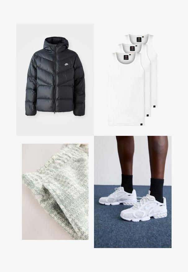 Fekete puffdzseki kapucnival, cipzáras elülső résszel, chevron quiltelt dizájnnal, oldalsó zsebekkel és Nike logóval a mellkasán.; Három fehér csíkos pamut trikó. Felső része kerek nyakkivágású, és a szegély közelében kis fekete címkék találhatók. Több méretben elérhető.; Textúrált szövet, amely szőtt mintával rendelkezik világoszöld és fehér árnyalatokban. Puha, könnyű tapintása és finom mintázata van.; Fehér sportcipők hálós felsőrésszel, textúrázott díszítésekkel és párnázott talppal. Párban fekete bordázott bokazoknival egy kék szőnyeggel borított felületen.