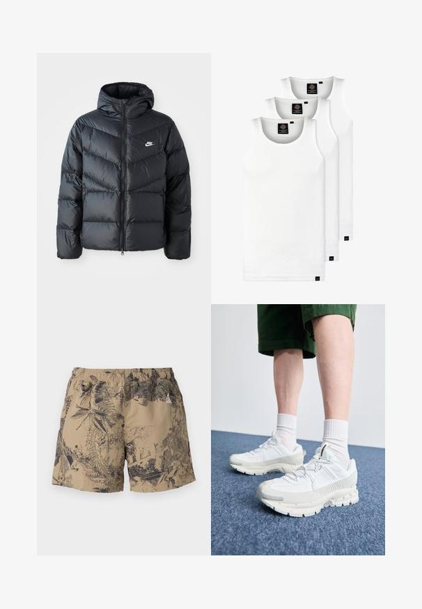 Černá péřová bunda s kapucí, která má zipový přední otvor, design s chevronovým prošíváním, boční kapsy a logo Nike na hrudi.; Tři bílé žebrované tílka vyrobené z bavlny. Mají kulatý výstřih a malé černé štítky poblíž lemu. Dostupné v několika velikostech.; Krémové kraťasy s černým přírodním potiskem, mají elastický pas a šňůrku na stažení. Vyrobeny z lehkého materiálu, vhodné pro volnočasové nošení.; Bílé sportovní boty s texturovanými překryvy, masivní podrážkou a šedými akcenty. Na nohou mají bílé ponožky a zelené šortky na modrém povrchu.