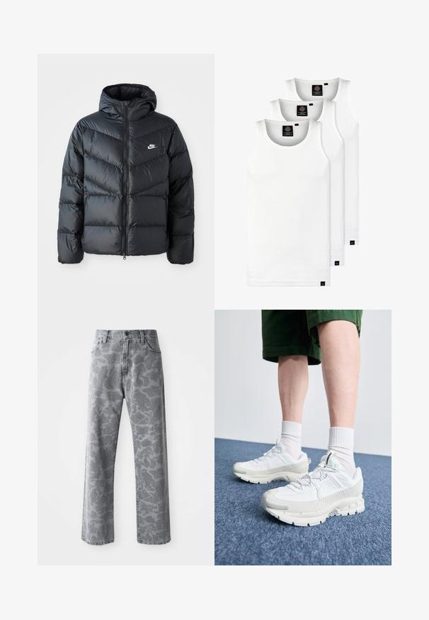 Doudoune noire avec capuche, avec fermeture éclair à l'avant, design matelassé en chevrons, poches latérales et logo Nike sur la poitrine.; Trois débardeurs blancs côtelés en coton. Présentent un col rond et de petites étiquettes noires près de l'ourlet. Disponibles en plusieurs tailles.; Jean en denim gris avec un motif camouflage, coupe droite, cinq poches et fermeture à boutons.; Des chaussures de sport blanches avec des superpositions texturées, une semelle épaisse et des accents gris. Portées avec des chaussettes blanches et des shorts verts sur une surface bleue.