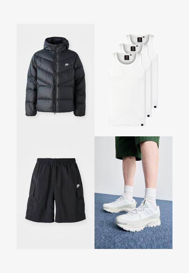 Mustapuffa takki hupulla, jossa on vetoketju edessä, viisto ompelu, sivutaskut ja Nike-logo rinnassa.; Kolme valkoista ribbitekstiilistä toppia, jotka on valmistettu puuvillasta. Ominaisuuksiin kuuluu pyöreä pääntie ja pieni musta etiketti helman lähellä. Saatavilla useissa kooissa.; Nike mustat cargo-shortsit, jotka on valmistettu kevyestä materiaalista. Shortsissa on joustava vyötärö, sivutaskut ja valkoinen Nike-logo vasemmassa lahkeessa.; Valkoiset urheilukengät, joissa on tekstuuriset päällysteet, paksu pohja ja harmaat yksityiskohdat. Yhdistetty valkoisiin putkisukkiin ja vihreisiin shortseihin sinisellä pinnalla.