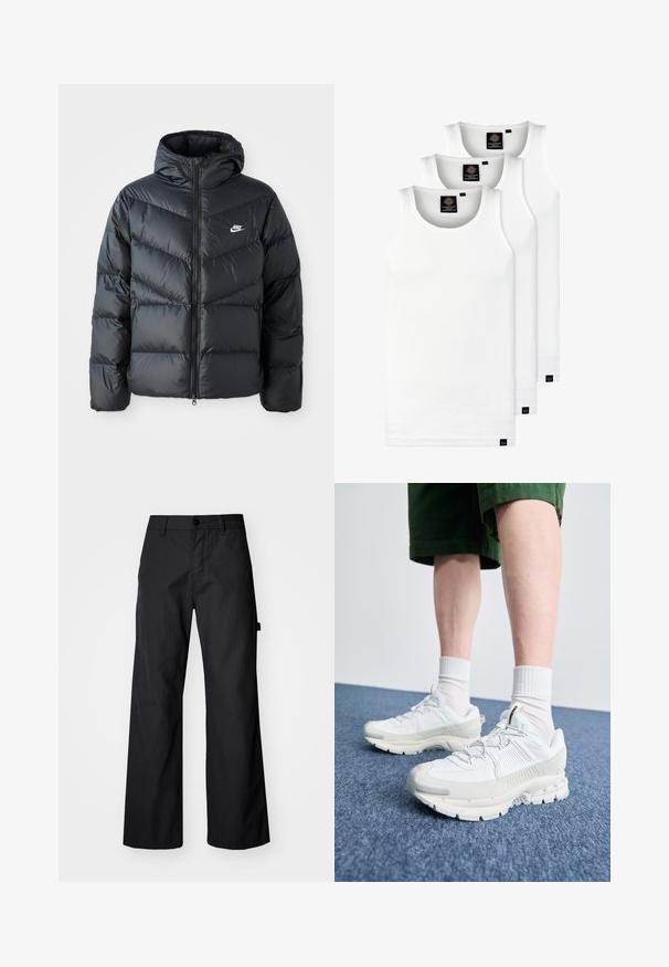 Čierna prešívaná bunda s kapucňou, disponujúca zipsovým uzáverom, dizajnom v tvare chevronu, bočnými vreckami a logom Nike na hrudi.; Tri biele rebrované tielka vyrobené z bavlny. Majú okrúhly výstrih a malé čierne štítky pri leme. Dostupné v rôznych veľkostiach.; Čierne, široké nohavice vyrobené z odolného materiálu. Obsahujú zapínanie na gombík a bočné vrecká. Hladká textúra s čistým dizajnom.; Biele športové topánky s textúrovanými prešívaniami, robustnou podrážkou a sivými akcentami. Nosené s bielymi ponožkami po členky a zelenými šortkami na modrom povrchu.