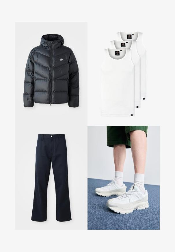 Black puffer jacket with a hood, featuring a zip front, chevron quilted design, side pockets, and Nike logo on the chest.; Three white ribbed tank tops made of cotton. Features a crew neck and small black labels near the hem. Available in multiple sizes.; Navy blue cotton trousers with a straight-leg design, featuring a zip fly, button closure, and front pockets. Smooth texture and clean finish.; White athletic shoes with textured overlays, a chunky sole, and gray accents. Worn with white crew socks and green shorts on a blue surface.