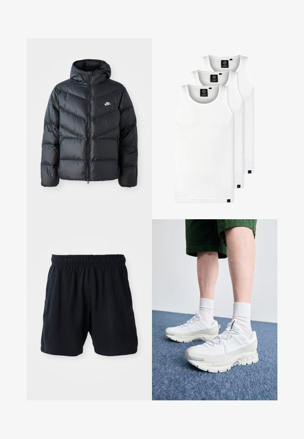 Čierna prešívaná bunda s kapucňou, disponujúca zipsovým uzáverom, dizajnom v tvare chevronu, bočnými vreckami a logom Nike na hrudi.; Tri biele rebrované tielka vyrobené z bavlny. Majú okrúhly výstrih a malé čierne štítky pri leme. Dostupné v rôznych veľkostiach.; Čierne atletické šortky vyrobené z mäkkej tkaniny, s elastickým pásom a dvoma postrannými vreckami pre pohodlie.; Biele športové topánky s textúrovanými prešívaniami, robustnou podrážkou a sivými akcentami. Nosené s bielymi ponožkami po členky a zelenými šortkami na modrom povrchu.