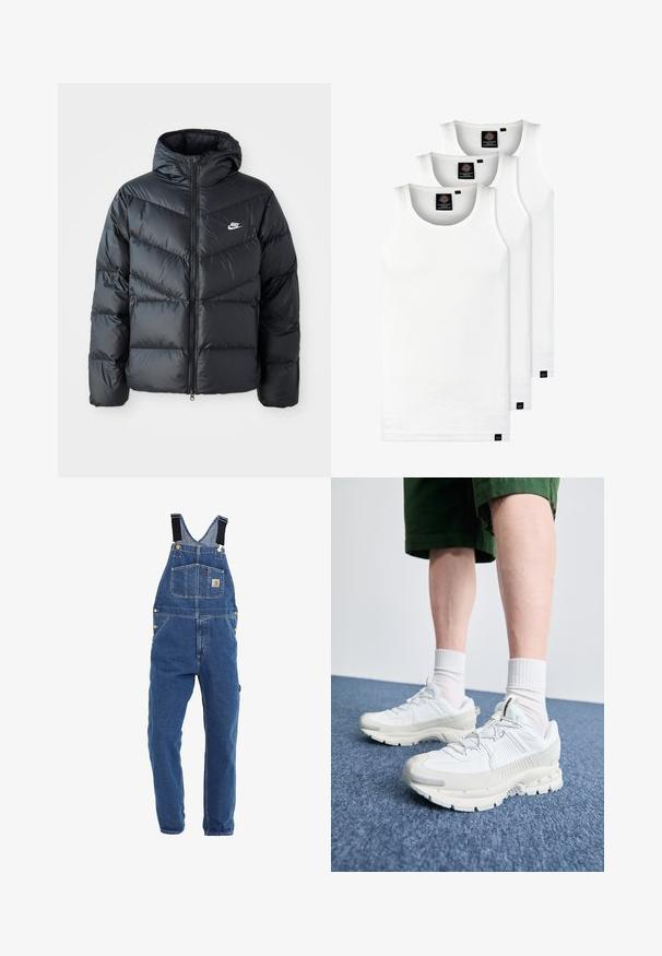 Fekete puffdzseki kapucnival, cipzáras elülső résszel, chevron quiltelt dizájnnal, oldalsó zsebekkel és Nike logóval a mellkasán.; Három fehér csíkos pamut trikó. Felső része kerek nyakkivágású, és a szegély közelében kis fekete címkék találhatók. Több méretben elérhető.; Középkék farmer overál, állítható fekete pántokkal, több zsebbel és fémből készült kiegészítőkkel.; Fehér sportcipők texturált burkolattal, vastag talppal és szürke részletekkel. Fehér sportzoknival és zöld rövidnadrággal viselve, kék felületen.