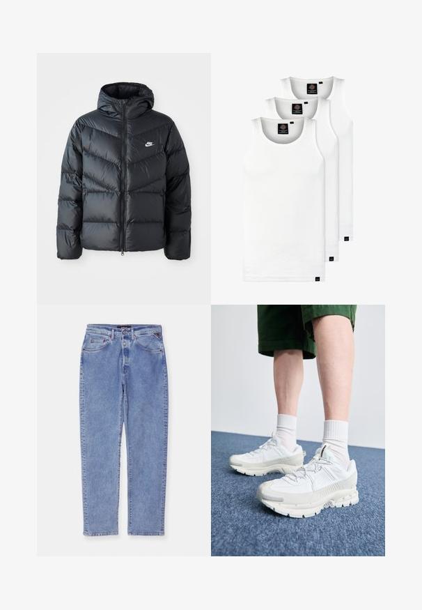 Black puffer jacket with a hood, featuring a zip front, chevron quilted design, side pockets, and Nike logo on the chest.; Three white ribbed tank tops made of cotton. Features a crew neck and small black labels near the hem. Available in multiple sizes.; Light blue denim jeans with a straight cut, five pockets, and a button fly. Features subtle fading and contrast stitching.; White athletic shoes with textured overlays, a chunky sole, and gray accents. Worn with white crew socks and green shorts on a blue surface.