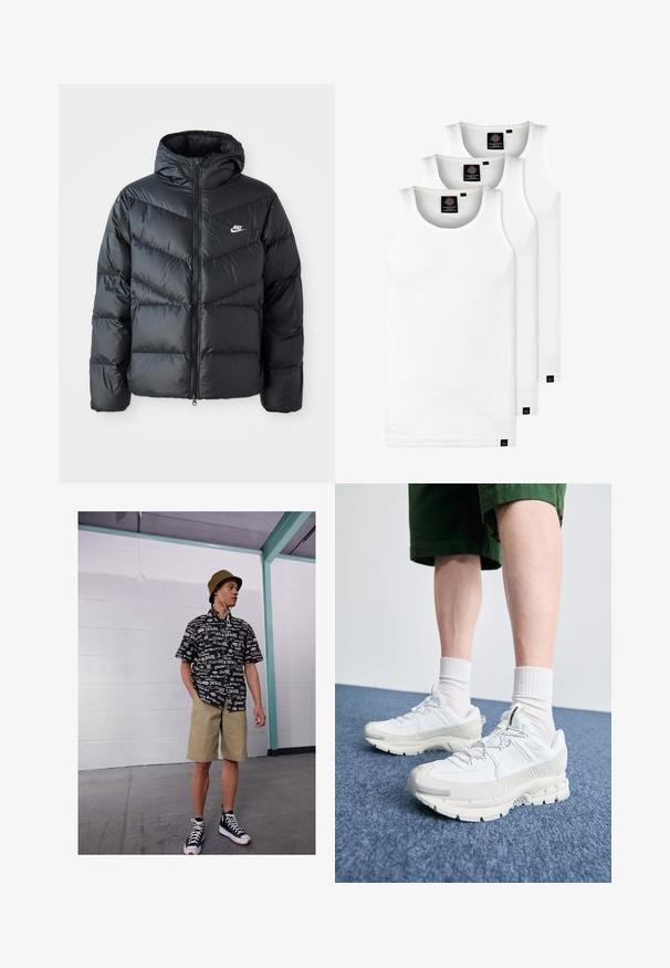 Doudoune noire avec capuche, avec fermeture éclair à l'avant, design matelassé en chevrons, poches latérales et logo Nike sur la poitrine.; Trois débardeurs blancs côtelés en coton. Présentent un col rond et de petites étiquettes noires près de l'ourlet. Disponibles en plusieurs tailles.; Chemise à manches courtes noir et blanc avec motif de logo, shorts kaki et baskets montantes noires. Chapeau seau beige et cordons visibles.; Des chaussures de sport blanches avec des superpositions texturées, une semelle épaisse et des accents gris. Portées avec des chaussettes blanches et des shorts verts sur une surface bleue.