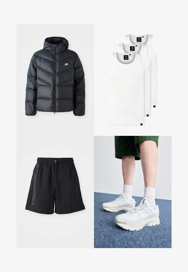 Casaco puffer preto com capuz, apresentando fecho com zíper na frente, design acolchoado em padrão de chevron, bolsos laterais e logótipo da Nike no peito.; Três tops em algodão de alças brancas com nervuras. Apresentam um decote redondo e pequenas etiquetas pretas perto da bainha. Disponíveis em vários tamanhos.; Calções pretos com um cós elástico, cordão ajustável e dois bolsos laterais com fecho. Apresentam um tecido suave e um detalhe discreto com o logótipo.; Sapatos atléticos brancos com sobreposições texturizadas, sola espessa e detalhes em cinza. Usados com meias brancas até ao tornozelo e calções verdes sobre uma superfície azul.