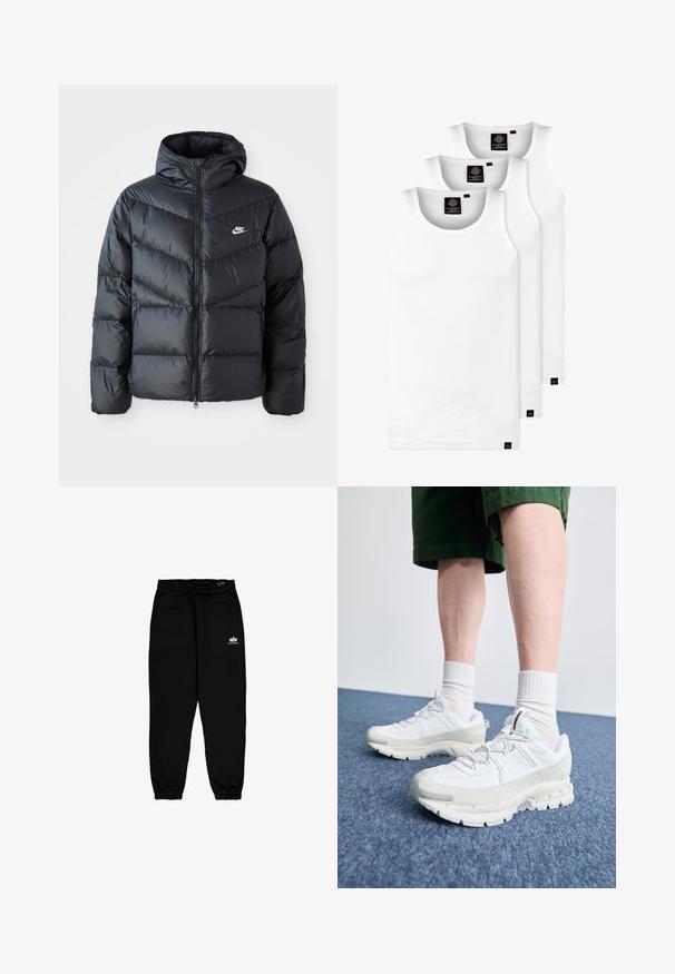 Chaqueta acolchada negra con capucha, con cierre de cremallera al frente, diseño de acolchado en forma de chevron, bolsillos laterales y logo de Nike en el pecho.; Tres camisetas sin mangas de algodón de color blanco con canalé. Cuentan con cuello redondo y pequeñas etiquetas negras cerca del dobladillo. Disponibles en múltiples tamaños.; Pantalones de chándal negros, hechos de una tela suave y elástica. Cuentan con una cinturilla elástica con cordón y puños elásticos. Pequeño logo blanco en la cadera.; Zapatillas deportivas blancas con superposiciones texturizadas, una suela gruesa y acentos grises. Llevadas con calcetines blancos hasta la pantorrilla y pantalones cortos verdes sobre una superficie azul.