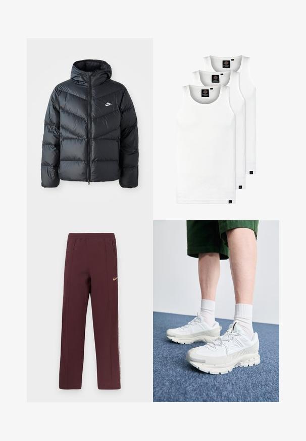 Schwarze Pufferjacke mit Kapuze, mit Reißverschluss vorne, Chevron-Steppdesign, Seiten Taschen und Nike-Logo auf der Brust.; Drei weiße, gerippte Tanktops aus Baumwolle. Merkmale einen Rundhalsausschnitt und kleine schwarze Etiketten am Saum. In mehreren Größen erhältlich.; Burgunderfarbene Sweatpants mit glatter Textur, seitlichen Reißverschlusstaschen und einem weißen Streifen mit Text entlang der äußeren Nähte. Nike-Logo in Gold.; Weiße Sportschuhe mit strukturierten Überzügen, einer dicken Sohle und grauen Akzenten. Tragen mit weißen Crew-Socken und grünen Shorts auf einer blauen Oberfläche.