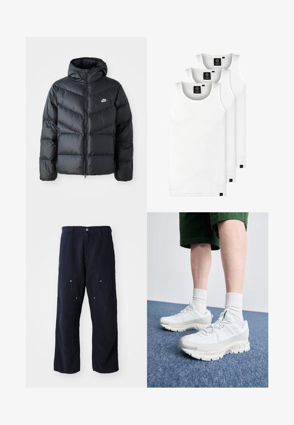 Black puffer jacket with a hood, featuring a zip front, chevron quilted design, side pockets, and Nike logo on the chest.; Three white ribbed tank tops made of cotton. Features a crew neck and small black labels near the hem. Available in multiple sizes.; Navy blue wide-leg pants made of cotton with a textured finish. Features two front pockets with button accents and a front button closure.; White athletic shoes with textured overlays, a chunky sole, and gray accents. Worn with white crew socks and green shorts on a blue surface.