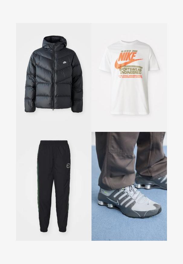 Melnā pūkaina jaka ar kapuci, ar rāvējslēdzēju priekšā, šķautņu šuvuma dizainu, sānu kabatām un Nike logotipu uz krūtīm.; Balta kokvilnas t-kreklu ar lielu oranžu "NIKE" logo un zaļu tekstu, kas lasa "SPORTSWEAR ENGINEERED" un papildu specifikācijas.; Melni sporta bikses, kas izgatavotas no viegla materiāla, ar zaļiem sānu akcentiem un elastīgu jostasvietu, ar mazu baltu logotipu kreisajā pusē.; Pelēki un sudraba Nike Shox sporta apavi izceļas ar elegantu dizainu, izmantojot acu un sintētiskos materiālus, apaļu purngalu un mīkstinātu apkakli.