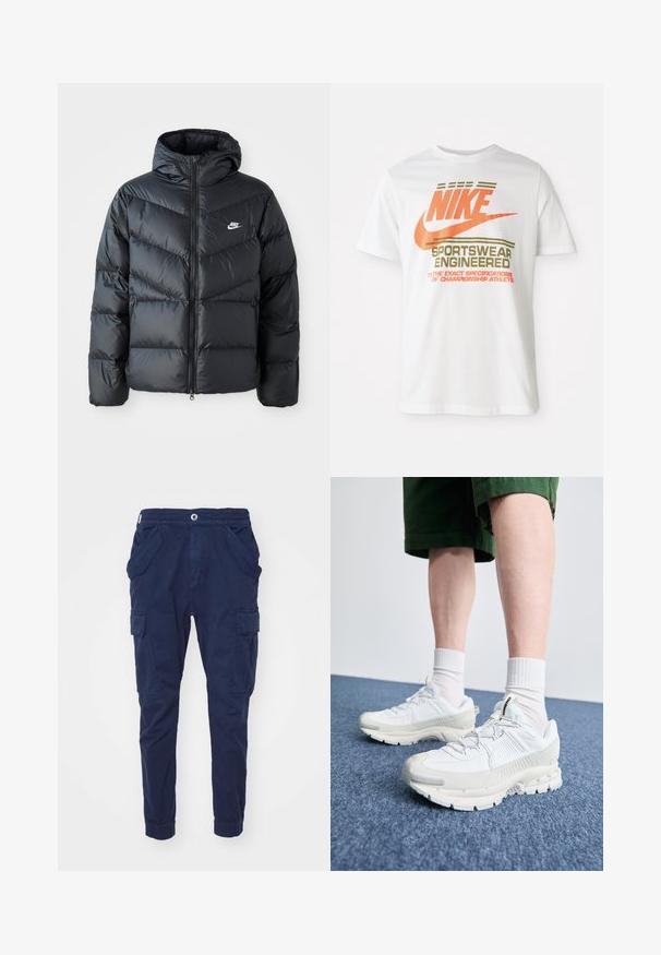 Czarna kurtka puchowa z kapturem, z zamkiem z przodu, w karoowy wzór, z bocznymi kieszeniami i logo Nike na piersi.; Biała bawełniana koszulka z dużym pomarańczowym logo "NIKE" oraz zielonym napisem "SPORTSWEAR ENGINEERED" i dodatkowymi specyfikacjami.; Granatowe spodnie cargo wykonane z bawełny, z elastycznym paskiem w talii, dwoma bocznymi kieszeniami oraz kieszeniami cargo na każdej nodze. Zwężany krój w kostkach.; Białe buty sportowe z teksturowanymi nakładkami, masywną podeszwą i szarymi akcentami. Nosi się je z białymi skarpetami do kostek i zielonymi szortami na niebieskiej powierzchni.