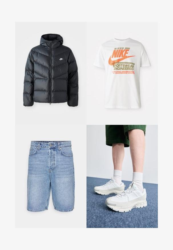 Schwarze Pufferjacke mit Kapuze, mit Reißverschluss vorne, Chevron-Steppdesign, Seiten Taschen und Nike-Logo auf der Brust.; Weißes Baumwoll-T-Shirt mit einem großen orangen "NIKE"-Logo und grünen Text, der "SPORTSWEAR ENGINEERED" sowie weitere Spezifikationen anzeigt.; Helle blaue Denim-Shorts mit klassischem Design, fünf Taschen, Reißverschluss und sichtbaren Nähten an den Säumen.; Weiße Sportschuhe mit strukturierten Überzügen, einer dicken Sohle und grauen Akzenten. Tragen mit weißen Crew-Socken und grünen Shorts auf einer blauen Oberfläche.