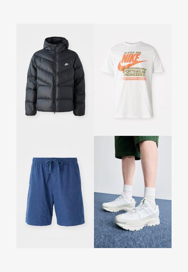 Must must vilakapp, millel on kapuuts, esiosal on lukuga kinnitamine, chevroni õmblusmustri disain, küljetaskud ja Nike logo rinnal.; Valge puuvillane T-särk, millel on suur oranž "NIKE" logo ja roheline tekst "SPORTSWEAR ENGINEERED" koos täiendavate spetsifikatsioonidega.; Sinised kootud lühikesed püksid elastse vöökoha, nööriga sulgemise ja küljetaskutega. Lühike pikkus ja sile, tekstuuriga pind.; Valged sportsijalatsid tekstuursete pealsete, kopsaka tallaga ja hallide aktsentidega. Kanda valgete lühikeste sokkidega ja roheliste lühikeste pükstega sinisel pinnal.