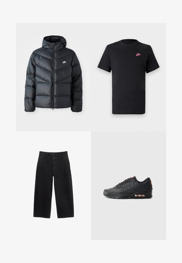Mustapuffa takki hupulla, jossa on vetoketju edessä, viisto ompelu, sivutaskut ja Nike-logo rinnassa.; Mustat puuvillapaita, jossa on pyöreä pääntie ja lyhyet hihat. Vasemmalla ylhäällä on vaaleanpunainen Nike-logo. Saumaton pinta.; Mustat farkut, joissa on leveät lahkeet ja korkea vyötärö, edessä nappisuljenta ja tavalliset taskut. Sileä pinta ja siistit linjat.; Nike Air Max 90 lenkkarit, joissa on musta synteettinen päällinen, väriteräksinen pinta, nauhakiinnitys, näkyvä ilmasäiliö ja oranssi logoväri.