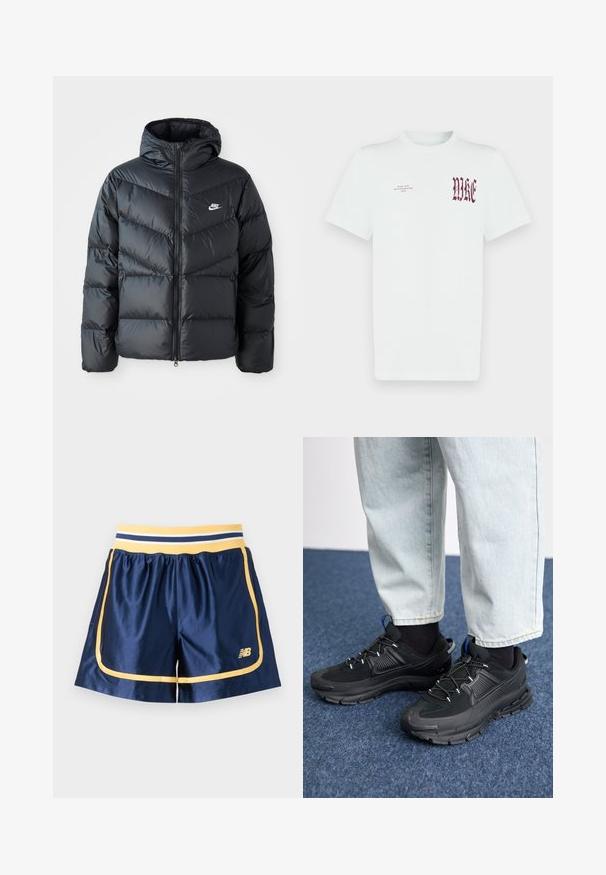 Fekete puffdzseki kapucnival, cipzáras elülső résszel, chevron quiltelt dizájnnal, oldalsó zsebekkel és Nike logóval a mellkasán.; Fehér pamut póló, bal mellrészen piros "NIKE" grafikával és felirattal. Rövid ujjú, kerek nyakú kialakítás, sima textúrájú.; Tengerészeti sportnadrág sárga kiegészítőkkel, rugalmas derékkal és oldalsó csíkkal. Simább, könnyű anyagból készült.; Fekete sportcipők texturált anyaggal és gumitalppal, elasztikus fűzőkkel és kék kiegészítővel a saroknál. Világos farmernadrággal viselve.