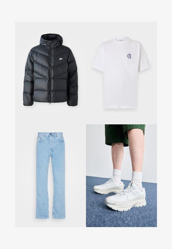 Black puffer jacket with a hood, featuring a zip front, chevron quilted design, side pockets, and Nike logo on the chest.; White cotton t-shirt with short sleeves, round neckline, and a small, embroidered blue "C" logo on the left chest area.; Light blue denim jeans with straight legs, high waist, and five-pocket design. Features a button fastening and subtle whiskering on the fabric.; White athletic shoes with textured overlays, a chunky sole, and gray accents. Worn with white crew socks and green shorts on a blue surface.