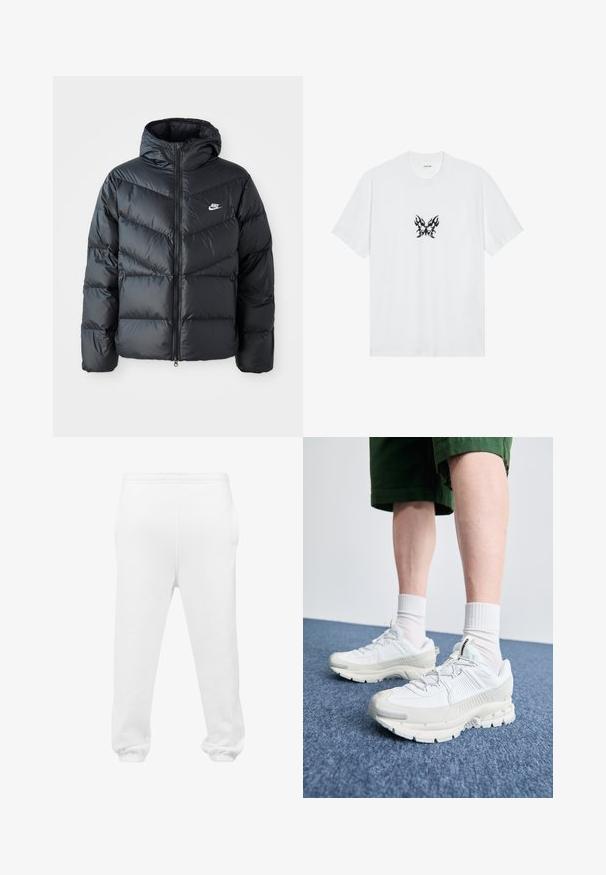 Mustapuffa takki hupulla, jossa on vetoketju edessä, viisto ompelu, sivutaskut ja Nike-logo rinnassa.; Valkoinen puuvillapaita lyhyillä hihoilla ja pyöreällä kauluksella. Keskellä musta liekkikuvioinen perhosgrafiikka. Sileä pinta.; Valkoiset verkkarit, jotka on valmistettu pehmeästä kankaasta. Niissä on joustava vyötärö, sivutaskut ja joustavat hihnat nilkoissa.; Valkoiset urheilukengät, joissa on tekstuuriset päällysteet, paksu pohja ja harmaat yksityiskohdat. Yhdistetty valkoisiin putkisukkiin ja vihreisiin shortseihin sinisellä pinnalla.