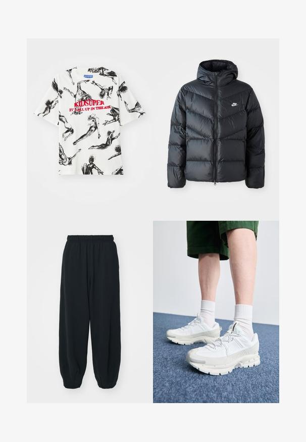Melnā pūkaina jaka ar kapuci, ar rāvējslēdzēju priekšā, šķautņu šuvuma dizainu, sānu kabatām un Nike logotipu uz krūtīm.; Balta īsām piedurknēm T-krekls ar melnu skiču rakstu, kurā attēloti figūru kustības, un sarkano tekstu "KIDSUPER IT'S ALL UP IN THE AIR" centrā.; Melnas sporta bikses ar elastīgu jostasvietu, brīvu piegriezumu, aprocēm ap potītēm, gludu tekstūru, un bez redzamām rakstu vai aparatūras akcentiem.; Baltas sporta apavi ar teksturētām detaļām, masīvu zoli un pelēkiem akcentiem. Valkāti ar baltiem zeķu pēdu apģērbiem un zaļām šortiem uz zilas virsmas.