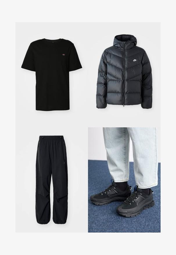 Svart boblejakke med hette, med glidelås foran, chevron-quiltet design, sidelommer og Nike-logo på brystet.; Svart bomullst-skjorte med korte ermer, rund hals og et lite rødt og hvitt bølgemønster på venstre brystområde. Glatt tekstur.; Sorte lettvekts cargo-bukser i svart med elastisk midje, sidelommer med glidelås og romslige lommer. Har en løs passform og innsnørede mansjetter.; Svarte sportssko med teksturert stoff og gummisåler, med elastiske lisser og en blå detalj på hælen. Brukt med lyse denimbukser.