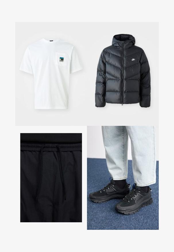 Mustapuffa takki hupulla, jossa on vetoketju edessä, viisto ompelu, sivutaskut ja Nike-logo rinnassa.; Valkoinen puuvillapaita lyhyillä hihoilla, jossa on rintatasku ja värikäs grafiikka vuorista sekä teksti "THE NORTH FACE."; Mustat shortsit, joissa on naru vyötäröllä, kevyestä kankaasta valmistettu, sileä tekstuuri ja yksinkertainen muotoilu ilman näkyviä logoja tai kuvioita.; Mustat urheilukengät, joissa on teksturoitu kangas ja kumipohjat, elastiset nauhat ja sininen yksityiskohta kannassa. Yhdistetty vaaleisiin farkkuihin.