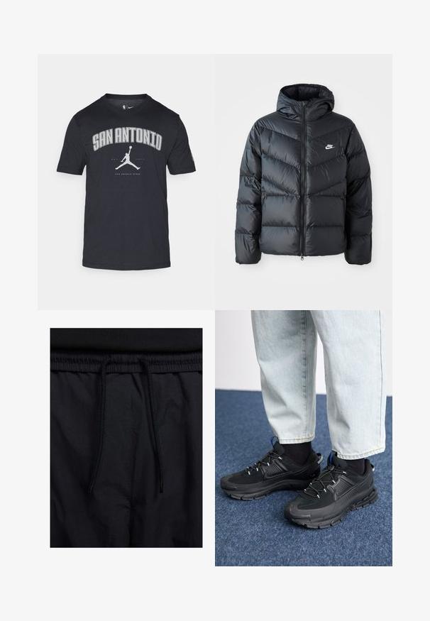 Casaco puffer preto com capuz, apresentando fecho com zíper na frente, design acolchoado em padrão de chevron, bolsos laterais e logótipo da Nike no peito.; T-shirt preta em algodão com "SAN ANTONIO" em letras prateadas em destaque, com um logótipo Air Jordan cinza por baixo. Design de gola redonda.; Calções pretos com um cós elástico ajustável, fabricados em tecido leve com uma textura suave e um design simples, sem logótipos ou padrões visíveis.; Sapatilhas desportivas pretas com tecido texturizado e solas em borracha, apresentando atacadores elásticos e um detalhe azul no calcanhar. Usadas com calças de ganga claras.