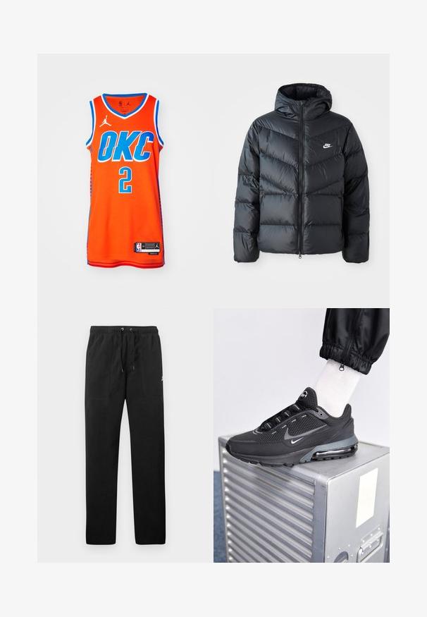 Giacca a vento nera con cappuccio, dotata di zip frontale, design a diamantini a zigzag, tasche laterali e logo Nike sul petto.; Maglia da basket arancione con la scritta "OKC" in lettere blu, numero "2". Tessuto a rete con rifiniture blu e logo Jordan sulla spalla.; Pantaloni sportivi neri in felpa, dotati di cintura elastica con cordini, due tasche anteriori e un piccolo logo sulla coscia.; Nike Sportswear PULSE - Sneakers basse - black/anthracite