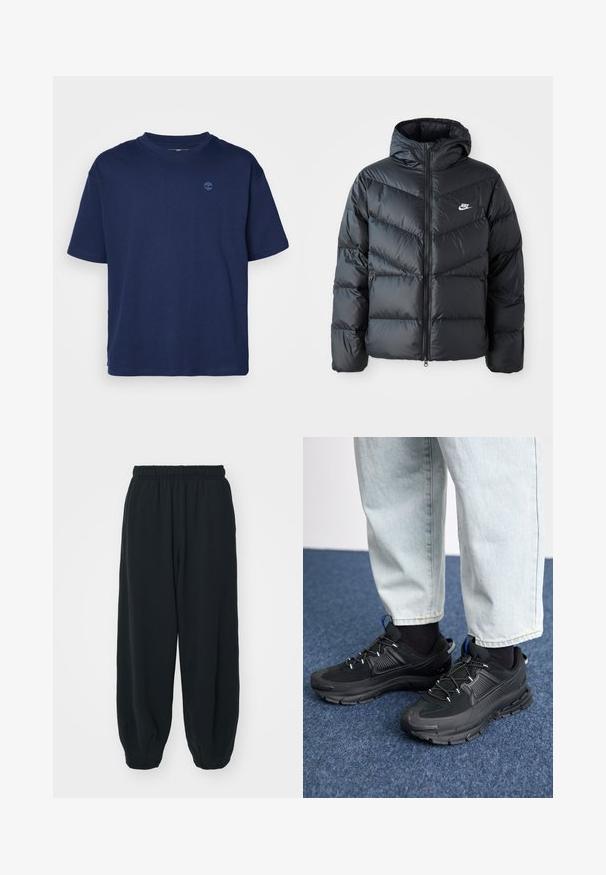 Melnā pūkaina jaka ar kapuci, ar rāvējslēdzēju priekšā, šķautņu šuvuma dizainu, sānu kabatām un Nike logotipu uz krūtīm.; Tumši zils kokvilnas T-krekls ar apaļu kakla izgriezumu, īsām piedurknēm un mazu, tonālu logotipu uz krūtīm. Brīva piegriezuma, gluda tekstūra.; Melnas sporta bikses ar elastīgu jostasvietu, brīvu piegriezumu, aprocēm ap potītēm, gludu tekstūru, un bez redzamām rakstu vai aparatūras akcentiem.; Melni sporta apavi ar strukturētu audumu un gumijas zoli, ar elastīgām auklām un zilu akcentu uz papēža. Nēsāti ar gaišām džinsu biksēm.