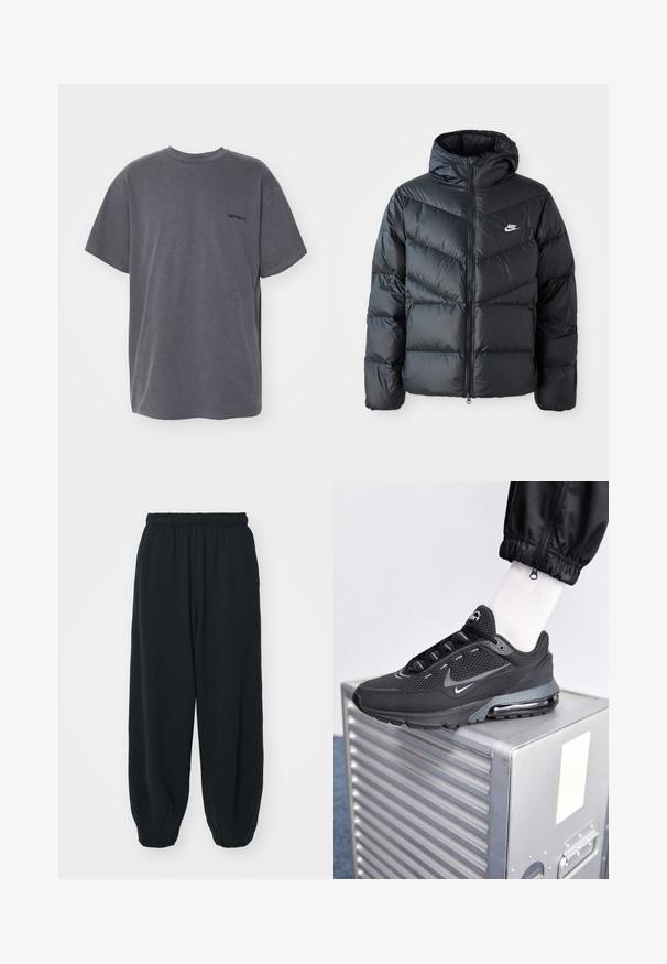Schwarze Pufferjacke mit Kapuze, mit Reißverschluss vorne, Chevron-Steppdesign, Seiten Taschen und Nike-Logo auf der Brust.; Carhartt WIP DUSTER SCRIPT - T-Shirt basic - black; Schwarze Sweatpants mit elastischem Bund, lockerer Passform, gerippten Beinabschlüssen, glatter Textur und ohne sichtbare Muster oder Hardware-Akzente.; Nike Sportswear PULSE - Sneaker low - black/anthracite