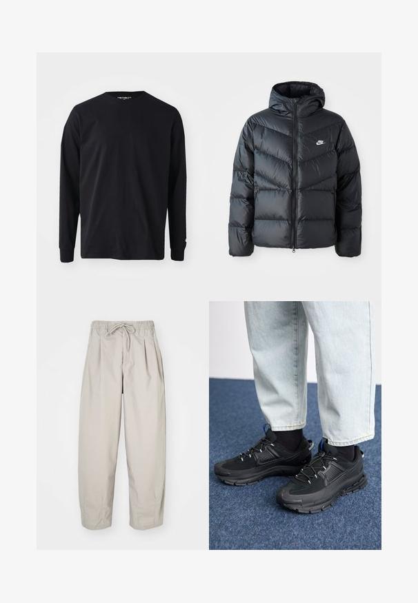 Črna pufast jakna z kapuco, z zadrgo spredaj, z vročenim chevron vzorcem, stranskimi žepi in logotipom Nike na prsih.; Črna majica z dolgimi rokavi iz bombaža, z okroglim izrezom in ravnim krojem, z majhnim logotipom na rokavu.; Bež hlače iz lahkega materiala z elastičnim pasom in vrvico. Imajo gube in ohlapen kroj, izdelane so iz mehkega, gladkega blaga.; Črne športne čevlje z teksturirano tkanino in gumijastimi podplati, ki imajo elastične vezalke ter modre poudarke na peti. Nosi se z lahkimi denim hlačami.