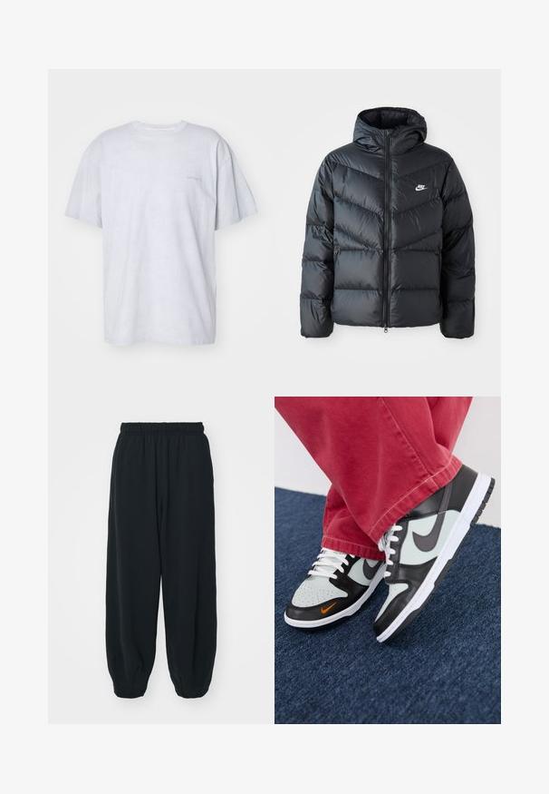 Svart boblejakke med hette, med glidelås foran, chevron-quiltet design, sidelommer og Nike-logo på brystet.; Carhartt WIP DUSTER SCRIPT - T-shirts - basalt; Sorte, joggebukser med elastisk liv, løs passform, mansjetter på ankler, glatt tekstur og uten synlige mønstre eller hardware-detaljer.; Nike Sportswear NIKE DUNK LOW UNISEX - Joggesko - black/med ash/light silver/bright mandarin/summit white/white