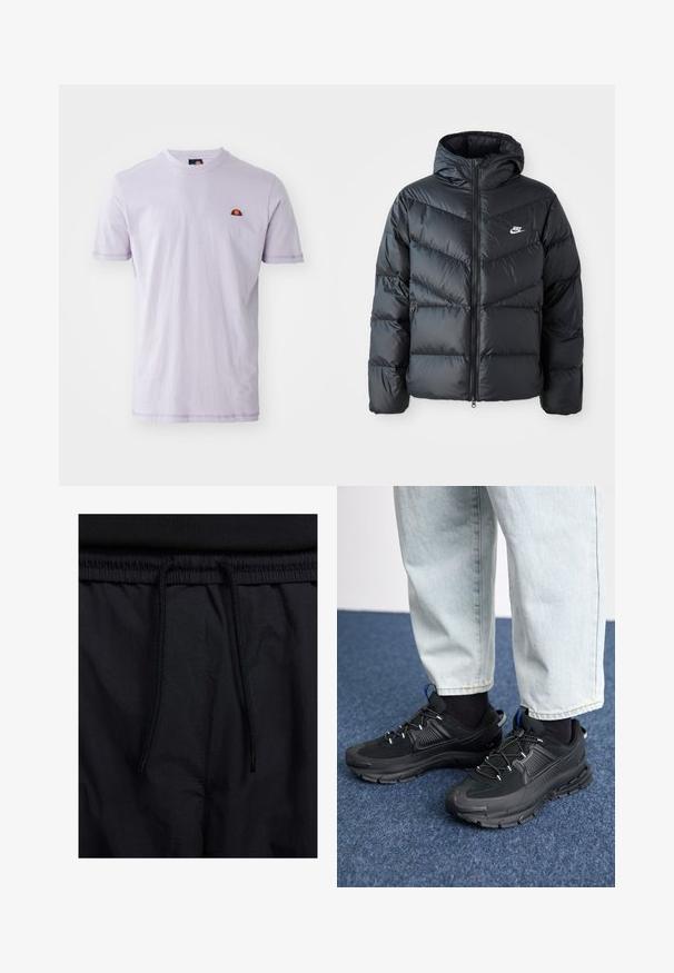 Melnā pūkaina jaka ar kapuci, ar rāvējslēdzēju priekšā, šķautņu šuvuma dizainu, sānu kabatām un Nike logotipu uz krūtīm.; Gaiši purpura kokvilnas T-krekls ar īsām piedurknēm, apaļu kakla izgriezumu un mazu izšūtu logo ar puscirkņa dizainu sarkanā un dzeltenā krāsā.; Melni šorti ar sašūtu jostu, viegls audums ar gludu tekstūru un vienkāršs dizains bez redzamiem logotipiem vai paraugiem.; Melni sporta apavi ar strukturētu audumu un gumijas zoli, ar elastīgām auklām un zilu akcentu uz papēža. Nēsāti ar gaišām džinsu biksēm.