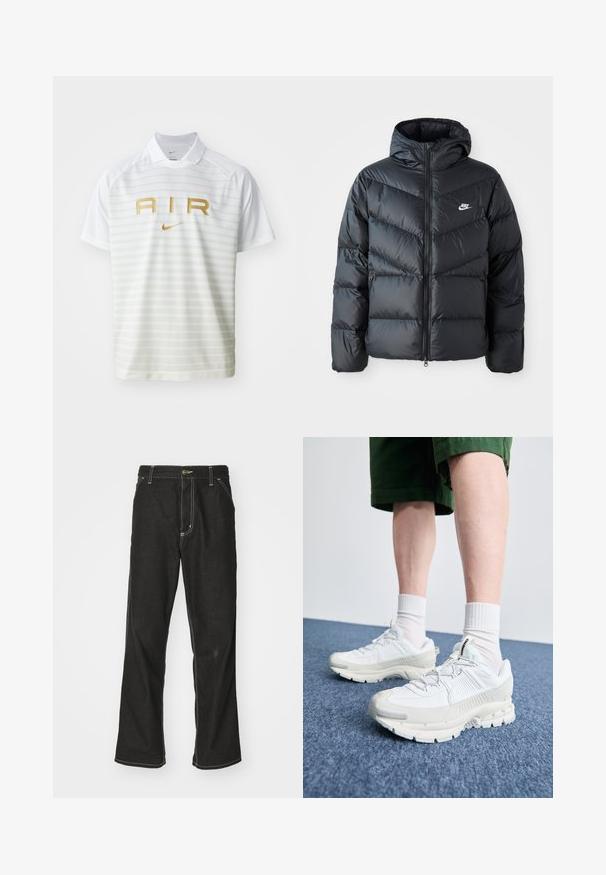 Casaco puffer preto com capuz, apresentando fecho com zíper na frente, design acolchoado em padrão de chevron, bolsos laterais e logótipo da Nike no peito.; Camisa polo branca com riscas horizontais em bege claro, com a inscrição "AIR" em dourado e um pequeno logótipo da Nike no peito. Tecido leve.; Calças de ganga pretas de corte largo, com costuras brancas em contraste, fecho de botão e design de perna reta.; Sapatos atléticos brancos com sobreposições texturizadas, sola espessa e detalhes em cinza. Usados com meias brancas até ao tornozelo e calções verdes sobre uma superfície azul.