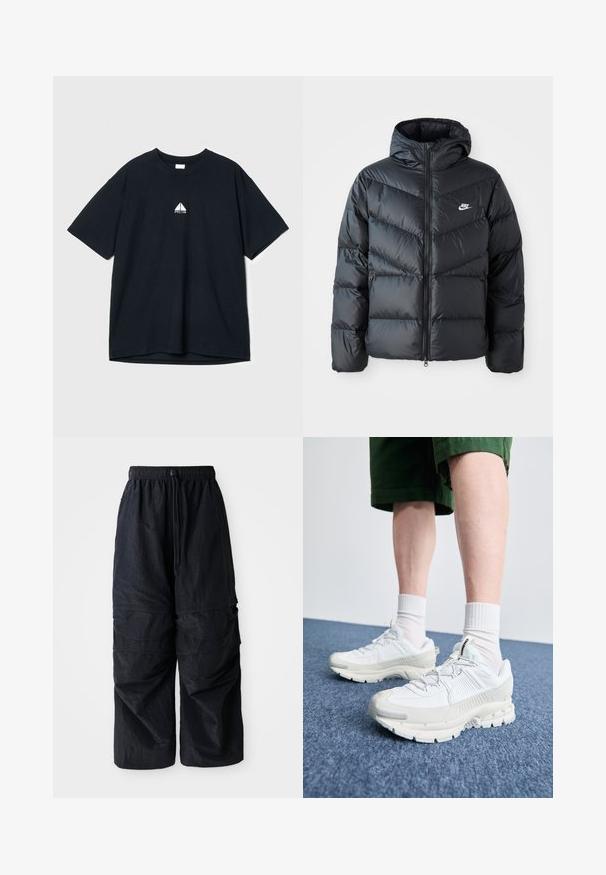 Casaco puffer preto com capuz, apresentando fecho com zíper na frente, design acolchoado em padrão de chevron, bolsos laterais e logótipo da Nike no peito.; Camiseta de algodão preta com decote redondo, mangas curtas e um pequeno logótipo gráfico branco no peito. Textura suave, corte solto.; Calças de cargo leves em nylon preto, com cintura elástica, cordão ajustável e múltiplos bolsos em camadas nas pernas.; Sapatos atléticos brancos com sobreposições texturizadas, sola espessa e detalhes em cinza. Usados com meias brancas até ao tornozelo e calções verdes sobre uma superfície azul.