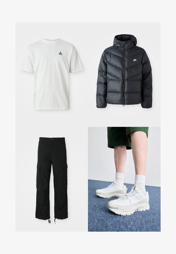 Juodas pūkinis švarkas su kapuce, su užtrauktuku priekyje, zigzaginiu siuvinėjimu, šoninėmis kišenėmis ir Nike logotipu ant krūtinės.; Balta trumpa rankovė T-marškiniai su mažu juodu trikampio logotipu, kuriame yra "acg", kairėje krūtinės pusėje, vienodas fonas.; Juodos kargo kelnės, pagamintos iš patvarios medžiagos, turinčios dvi šonines kišenes, mygtukų užsegimą ir reguliuojamus sijonus, kad būtų laisvas, atsipalaidavęs įvaizdis.; Baltos sportinės bateliai su tekstūruotais uždengimais, masyviu padu ir pilkais akcentais. Dėvimi su baltais trumpais kojiniais ir žaliais šortais mėlyname paviršiuje.