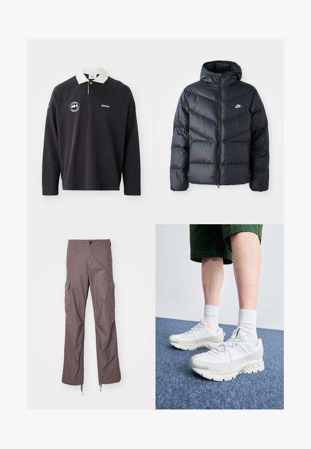 Černá péřová bunda s kapucí, která má zipový přední otvor, design s chevronovým prošíváním, boční kapsy a logo Nike na hrudi.; Černé polokošile s dlouhým rukávem a kontrastním bílým límečkem, zdobené vyšitými logy na hrudníku a rukávu. Vyrobeno z měkké látky.; Cargo kalhoty z texturované taupe tkaniny, s několika postranními kapsami, rovný střih nohavic a nastavitelné popruhy na lemu.; Bílé sportovní boty s texturovanými překryvy, masivní podrážkou a šedými akcenty. Na nohou mají bílé ponožky a zelené šortky na modrém povrchu.