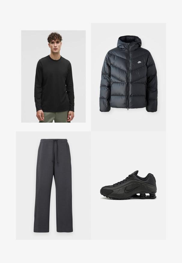 Svart puffjacka med huva, med blixtlås fram, chevronquiltat mönster, sidofickor och Nike-logotyp på bröstet.; Svart långärmad t-shirt i lätt material, med rund halsringning och enkel design, bärs med olivgröna byxor.; Grå mjukisbyxor med dragsko i midjan, tillverkade av mjukt tyg. Breda ben med sidoseam, minimala detaljer och inga synliga mönster.; Svarta löparskor med en slät syntetisk ovandel, perforerade detaljer, texturerade sidopaneler och en distinkt fjädrande sula.
