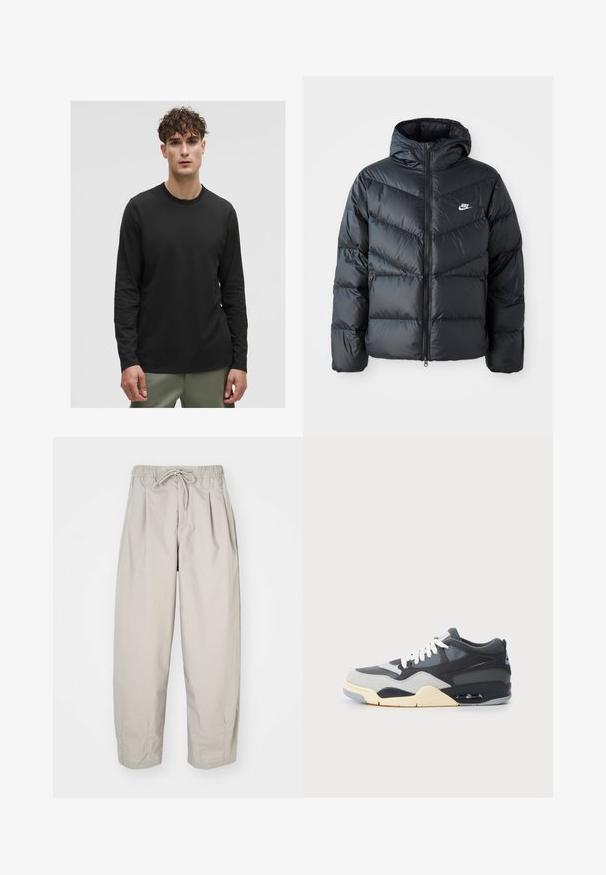 Sort dunjakke med hætte, der har lynlås foran, chevron quiltet design, sidelommer og Nike-logo på brystet.; Sort langærmet t-shirt lavet af let stof, med rund halsudskæring og enkelt design, båret med olivengrønne bukser.; Beige, lette bukser med elastisk talje og snor. Har plisseringer og en løs pasform, lavet af blødt, glat stof.; Sneaker med en overdel i blandede materialer i grå og marineblå, polstret sål, hvide snørebånd og et blåt akkcentlogo på hælen.