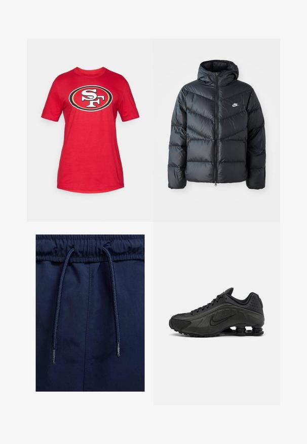 Svart puffjacka med huva, med blixtlås fram, chevronquiltat mönster, sidofickor och Nike-logotyp på bröstet.; Röd bomull t-shirt med en stor svart och vit "SF"-logotyp inom en oval kontur. Korta ärmar och rund halsringning.; Marina blå shorts med resår i midjan, med en texturerad dragsko och slät tyg.; Svarta löparskor med en slät syntetisk ovandel, perforerade detaljer, texturerade sidopaneler och en distinkt fjädrande sula.