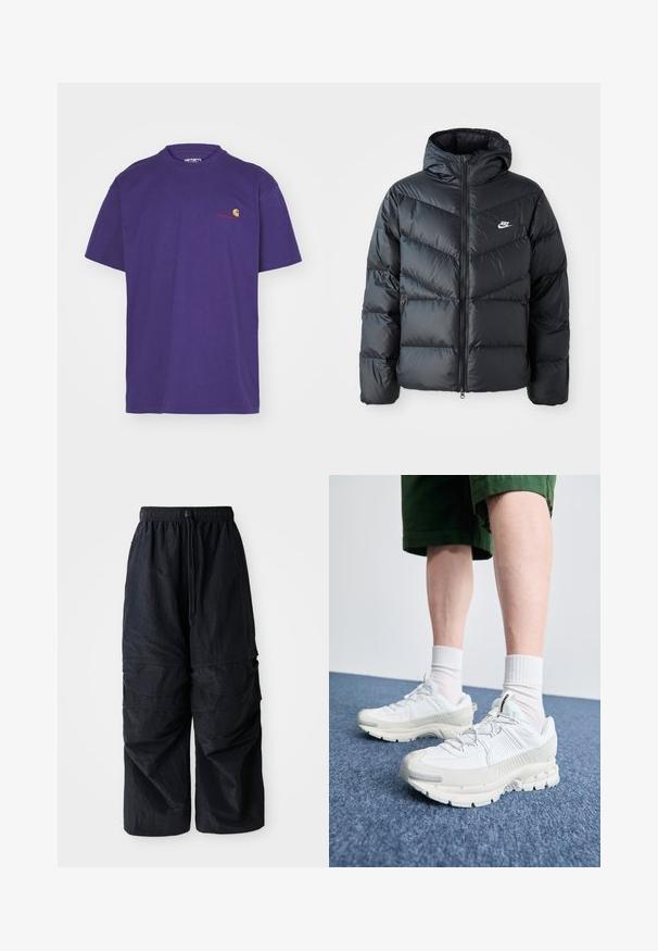 Černá péřová bunda s kapucí, která má zipový přední otvor, design s chevronovým prošíváním, boční kapsy a logo Nike na hrudi.; Carhartt WIP AMERICAN SCRIPT - Jednoduché tričko - aura; Černé lehké nylonové cargo kalhoty s elastickým pasem, nastavitelnou šňůrkou a několika vrstvenými kapsami na nohách.; Bílé sportovní boty s texturovanými překryvy, masivní podrážkou a šedými akcenty. Na nohou mají bílé ponožky a zelené šortky na modrém povrchu.