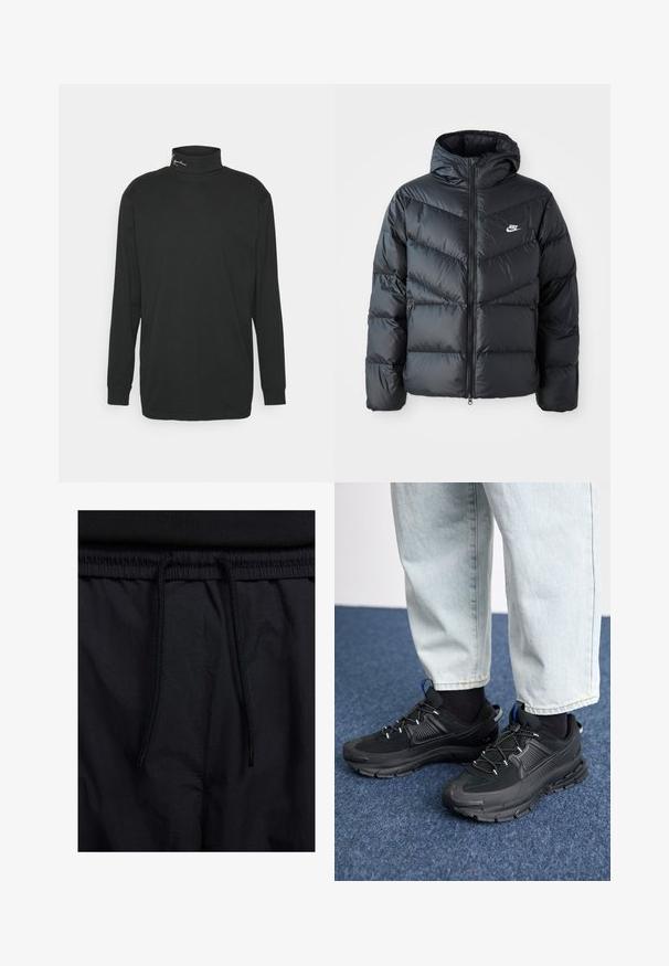 Czarna kurtka puchowa z kapturem, z zamkiem z przodu, w karoowy wzór, z bocznymi kieszeniami i logo Nike na piersi.; Czarna, długo rękawowa koszulka typu golf z bawełny, z wysokim kołnierzem i małym logo na obszarze szyi. Gładka struktura.; Czarne szorty z elastycznym paskiem na sznurku, lekkiego materiału o gładkiej fakturze oraz prostym wzornictwie bez widocznych logo czy wzorów.; Czarne buty sportowe z teksturowanej tkaniny i gumowymi podeszwami, z elastycznymi sznurówkami i niebieskim akcentem na pięcie. Noszone z jasnymi dżinsami.