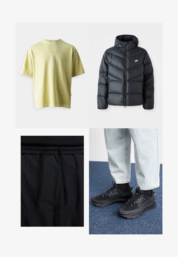 Casaco puffer preto com capuz, apresentando fecho com zíper na frente, design acolchoado em padrão de chevron, bolsos laterais e logótipo da Nike no peito.; G-STAR CENTER CHEST BOXY - T-shirt básica - linden green; Calções pretos com um cós elástico ajustável, fabricados em tecido leve com uma textura suave e um design simples, sem logótipos ou padrões visíveis.; Sapatilhas desportivas pretas com tecido texturizado e solas em borracha, apresentando atacadores elásticos e um detalhe azul no calcanhar. Usadas com calças de ganga claras.