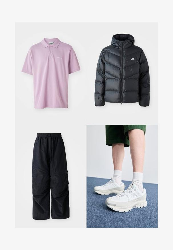 Svart puffjacka med huva, med blixtlås fram, chevronquiltat mönster, sidofickor och Nike-logotyp på bröstet.; Ljuslila polo skjorta med treknappsstängning, korta ärmar och en liten vit broderad logotyp på bröstet. Tillverkad av bomullsmaterial.; Svarta lätta nylon cargo byxor med elastisk midja, justerbar dragsko och flera lagerfickor på benen.; Vita atletiska skor med texturerade överlägg, en tjock sula och grå accenter. Bärs med vita strumpor och gröna shorts på en blå yta.