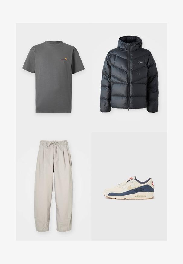 Svart puffjacka med huva, med blixtlås fram, chevronquiltat mönster, sidofickor och Nike-logotyp på bröstet.; Grå kortärmad t-shirt i bomull; har en diskret logotyp i orange och vinröd på bröstet. Enkel rundhalsad design.; Beiga, lätta byxor med elastisk midja och dragsko. Funktioner veck och en lös passform, tillverkade av ett mjukt, slätt material.; Sneakers med ovandel i krämfärgad läder och marinblå mocka, featuring en synlig luftsål, beige gummisula och röd accent på hälen.