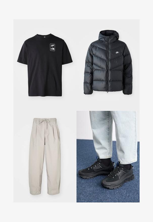 Casaco puffer preto com capuz, apresentando fecho com zíper na frente, design acolchoado em padrão de chevron, bolsos laterais e logótipo da Nike no peito.; T-shirt de algodão preta com mangas curtas, decote redondo, apresentando um logótipo gráfico branco dentro de um quadro retangular na área do peito esquerdo.; Calças leves, bege, com cintura elástica e cordão. Apresenta pregas e um corte largo, confeccionadas em tecido suave e liso.; Sapatilhas desportivas pretas com tecido texturizado e solas em borracha, apresentando atacadores elásticos e um detalhe azul no calcanhar. Usadas com calças de ganga claras.